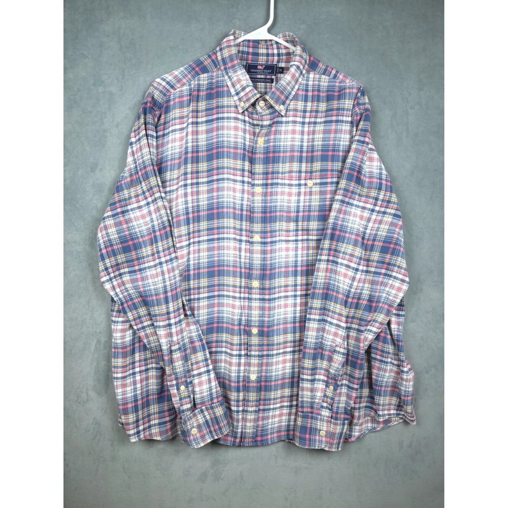 Vineyard Vines Slim Longshore Shirt Mens XL Blue Pink Plaid Cotton Linen Blend